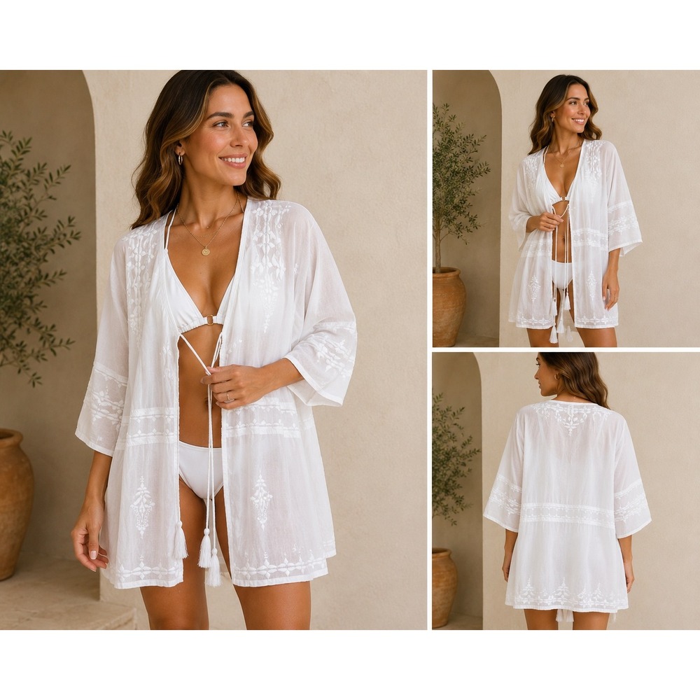 Helen Jon White Embroidered Cotton Kimono Cover Up Tassel Tie Cardigan Womens M